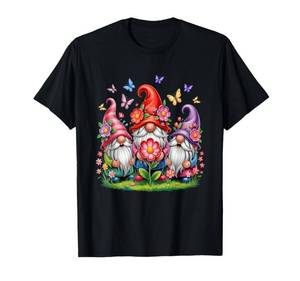 lot 9831 image: Whimsical Three Gnome Trio Blooming Flowers and Butterflies T-Shirt