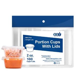 lot 9916 image: EDI Clear Disposable Plastic Portion Cups with Leakproof Lids  2 Oz, 100 Sets  BPA Free, Recyclable Jello & Dipping Sauce Cups
