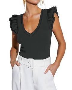 lot 9921 image: Ezbelle Summer Tank Tops Womens Ruffle Shirt V Neck Blouse Trendy Work Crop Top Sleeveless Rib Knit Sexy Tshirt Mothers Clothes Country Western Grey S