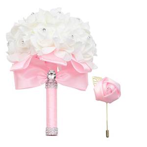 lot 9922 image: ZOIPPDMS Wedding Bouquet - Artificial Roses with Crystal Diamond Soft Ribbons, Bride Hand Bouquet Artificial Flowers Toss (Pink)