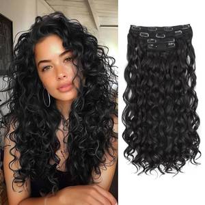 lot 9935 image: QGZ Curly Clip in Hair Extensions 4PCS Black Yaki Texture Synthetic Lace Weft Hair Extensions for Women 18 Inch