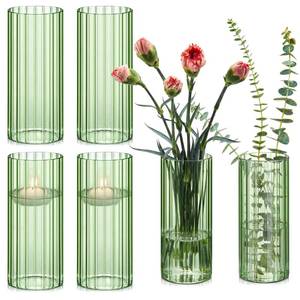 lot 9938 image: Ninehaoou 6 Pcs 8 Inch Tall Glass Ribbed Cylinder Vases Clear Floating Candle Flower Vase in Bulk, Hurricane Candle Holder for Wedding Housewarming Gift Table Centerpieces(Green)