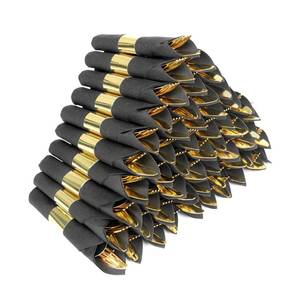 lot 9939 image: Dlebay 100 Pack Pre Rolled Gold Plastic Silverware Set,Wrapped Plastic Cutlery Set with Napkin Include 100 Forks,100 Spoons,100 Knives and 100 Black Napkins for Party, Wedding,Christmas