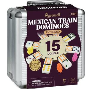 lot 9943 image: Queensell Mexican Train Dominoes Set Double 15 for Adults and Family, Mexican Train Double 15 Dominoes Set Colored Dot - 136 Tiles, 9 Trains, Wooden Hub, Aluminum Case (Double 15)