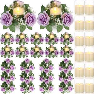 lot 9945 image: Yunlly 12 Pcs Rose Candle Rings with Flameless Candles Sets, Artificial Flower Eucalyptus Wedding Centerpiece 3 Inch Pillar Candleholders Wreaths for Wedding Party Mothers Day (Purple)