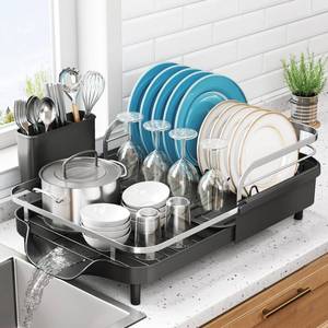 lot 9963 image: SNTD Dish Drying Rack, Expandable Dish Rack for Kitchen Counter, Stainless Steel Dish Drainer with Drainboard Set and Utensil Holder (Black)
