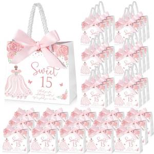 lot 9976 image: Skyygemm 50 Sets Quinceanera Gift Bag with Handles Quinceanera Party Favors for Guests Small Candy Bag with Bow Ribbon Decoration Sweet 15 Birthday Party Favor (Pink)