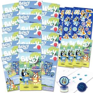 lot 9987 image: Bluey Birthday Party Favor Set - Bundle with 24 Bluey Activity Packs  Mini Sketch Book, Stickers, and Stamper  Blue Party Supplies