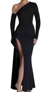 lot 9989 image: Memoriesea Womens One Shoulder Long Sleeve Sexy High Slit Wedding Guest Party Maxi Dress Black