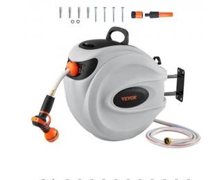 lot 2939 image: VEVOR Retractable Hose Reel, 65 ft x 38 inch, 180° Swivel Bracket Wall-Mounted, Garden Water Hose Reel with 9-Pattern Nozzle, Automatic Rewind, Lock at Any Length, and Slow Return System