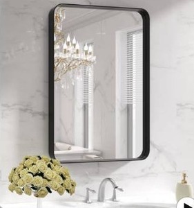 lot 2950 image: Black Metal Framed Bathroom Mirror for Wall, 22X30 Inch Rounded Rectangle Mirror, Matte Black Bathroom Vanity Mirror Farmhouse, Anti-Rust, Hangs Horizontally or Vertically
