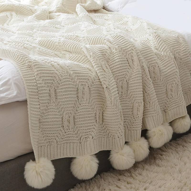 lot 44825 image: QINU KEONU Chunky Knit Throw Blanket with Pom Poms Tassel Soft Cozy Chenille Knitted Pom Pom Blanket Throw for Couch Bed Sofa Travel 51x63 Cream White - Retail $36