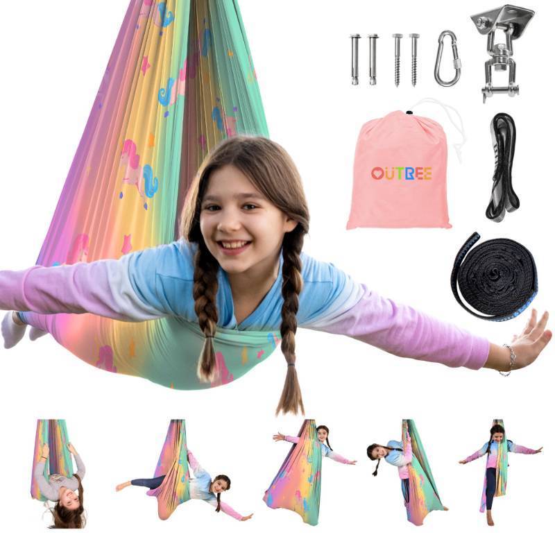 lot 16871 image: OUTREE Sensory Swing for Kids, Double Layer Therapy Hammock, Indoor Swing with 360° Swivel Hanger Kit and Adjustable Straps, Autism Sensory Product for Autism, ADHD (Unicorn Printed) - Retail $40