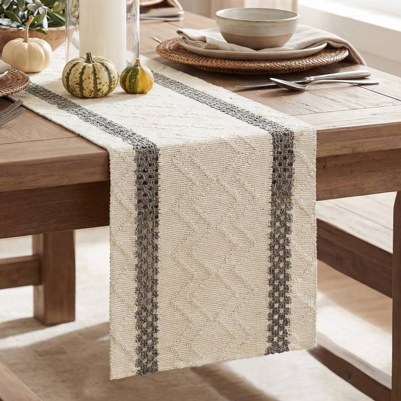 lot 33443 image: Artoid Mode Dark Grey Stripe Woven Table Runner, Seasonal Holiday Hollow Kitchen Dining Table Decoration for Home Party Decor 12x36 Inch - Retail $8