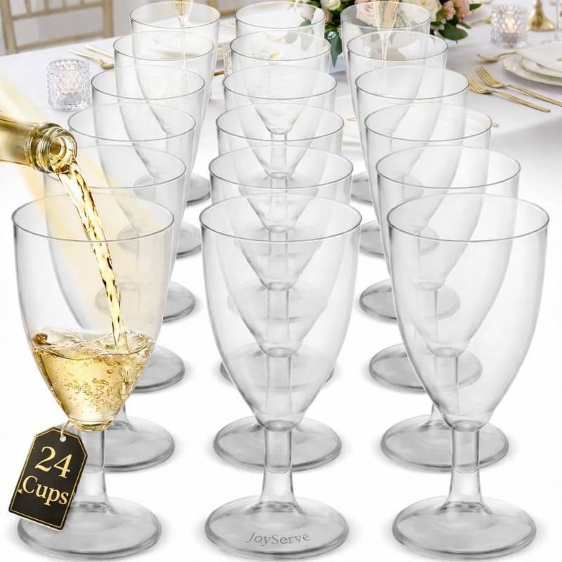 lot 44828 image: JoyServe 15 Plastic Wine Glasses Disposable - 7 Oz Clear BPA-Free Plastic Glasses with Stem, Reusable Party Wine Cups for Outdoor Parties, Weddings, Toasts, Drinks, Catering (Bulk Pack of 24) - Retail $19