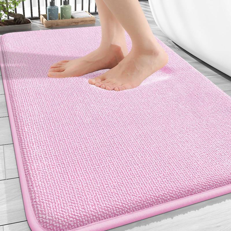 lot 44873 image: OLANLY Thick Memory Foam Bath Mat Rug 30x20, Extra Soft Absorbent Bathroom Rug, Quick Dry Bath Mats, Non-Slip, Machine Washable Carpet for Bathroom, Tub and Shower, Home Decor Accessories, Pink - Retail $22