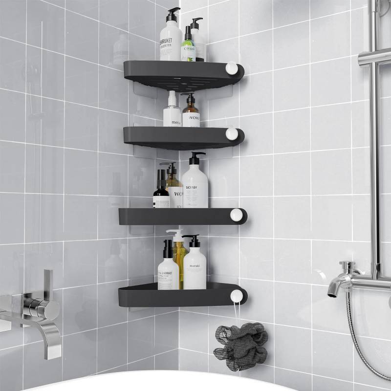 lot 44905 image: Sotfamily Plastic Shower Caddy Corner (for 90° Only), 4 Pack Adhesive Corner Shower Shelves for Bathroom Organizers and Storage, Black - Retail $20