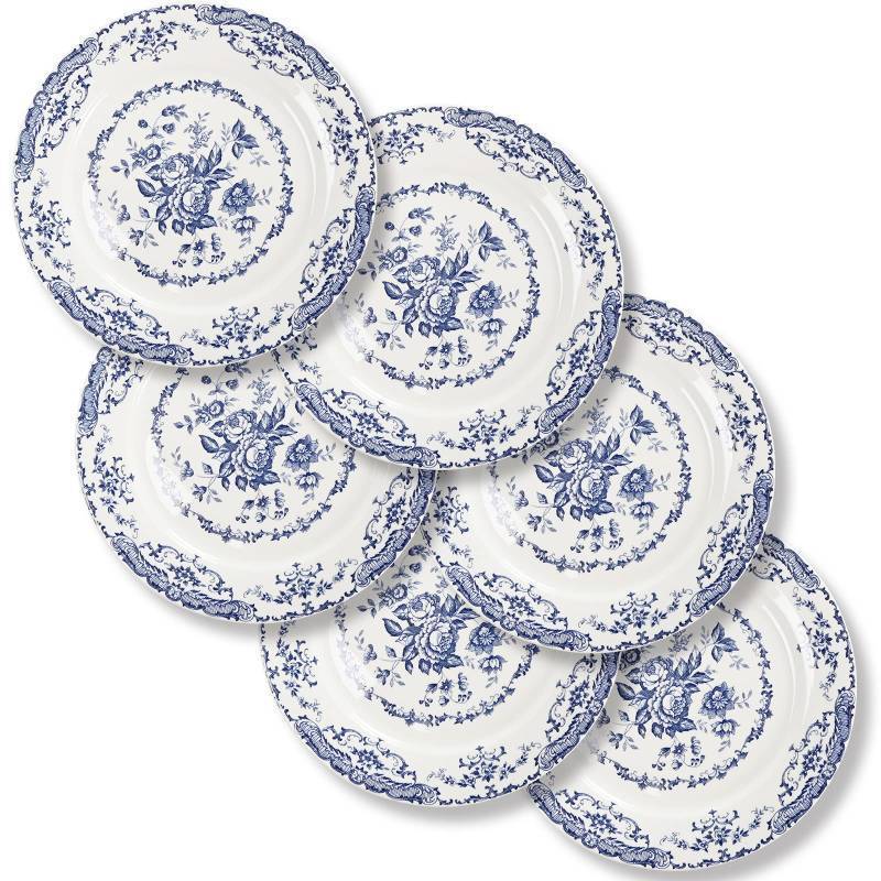 lot 45702 image: HomeElves Dinner Plates, Ceramic Plates Set of 6, Kitchen Plates Microwave Safe, White Plate Dessert Blue Floral Plate Porcelain (Blue Rose, 10.5 inch) - Retail $39