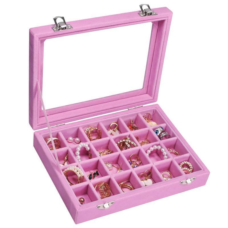 lot 45704 image: Vicoter Velvet Jewelry Box 24 Grid Jewelry Ring Display Organiser Box Tray Holder Earrings Storage Case for Girls Wife Mom Women (Pink) cracked lid - Retail $8
