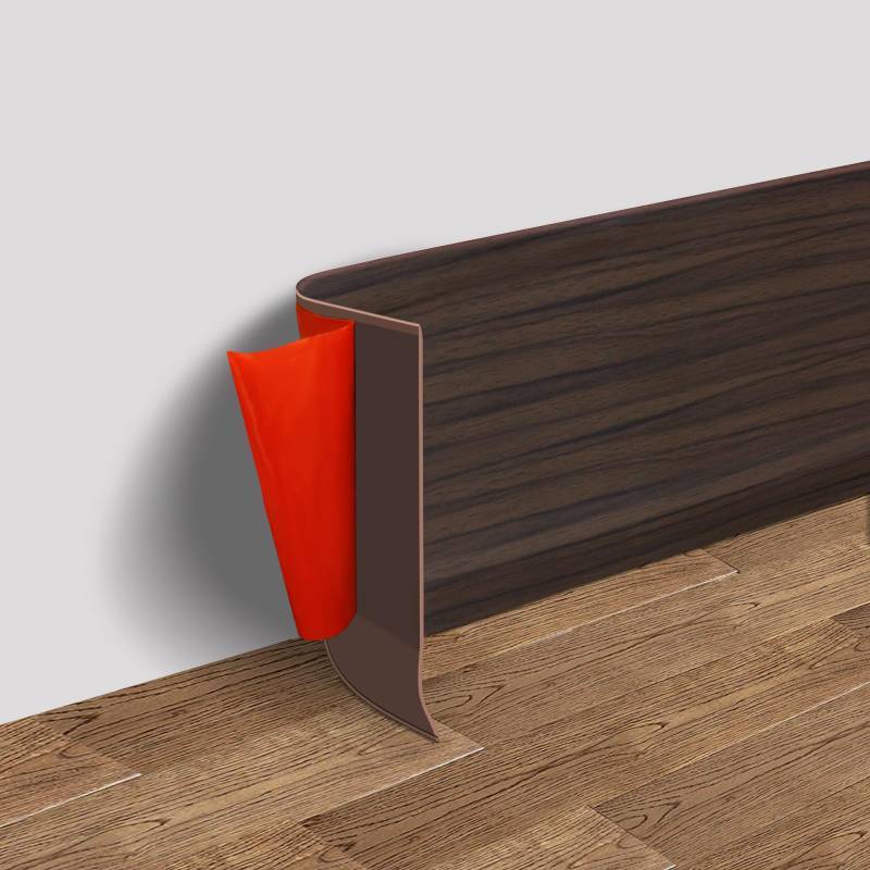 lot 45718 image: Vinyl Wall Base Baseboard Molding Trim 6 Flexible Self Adhesive Rubber Wall Base Moulding Trim Peel and Stick Design, 6 Inch x 20 Feet, Brown Wood - Retail $35