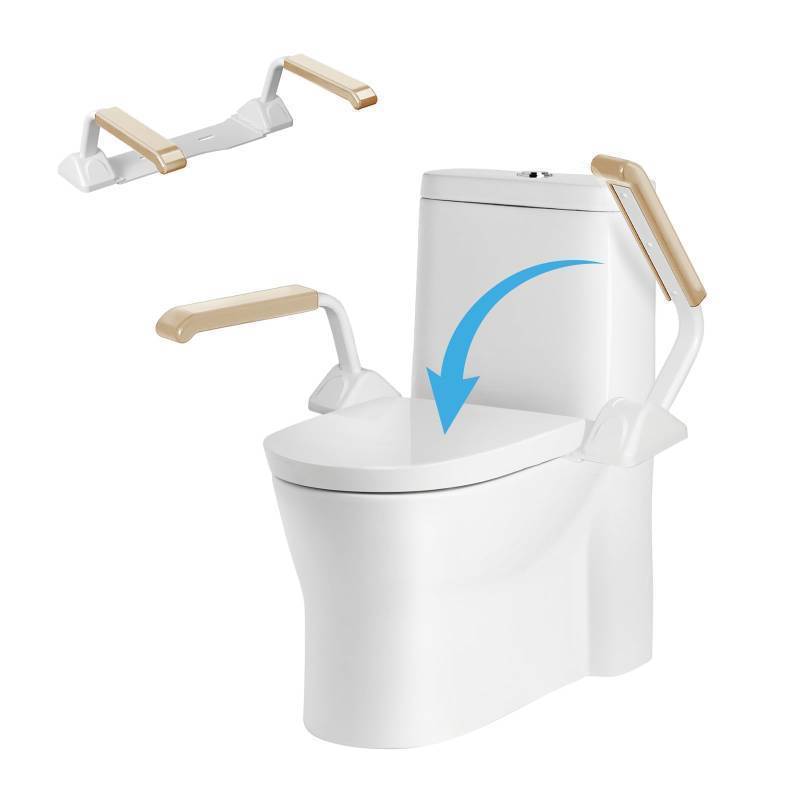 lot 49867 image: Toilet Safety Rails for Seniors, Heavy Duty Foldable Toilet Support for Seniors, Elderly Toilet Seat Rails with Arms, Toilet Bars for Elderly and Disabled Up to 520LBS (Wood Color) - Retail $90