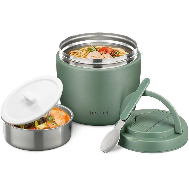 lot 50751 image: Soup Thermo for Hot Food Insulated Food Jar 32oz, Vacuum Insulated Stainless Steel Lunch Container - Wide Mouth Thermo for Soup & Food, Insulated lunch box Leakproof Bento Box with Spoon (Green) - Retail $35