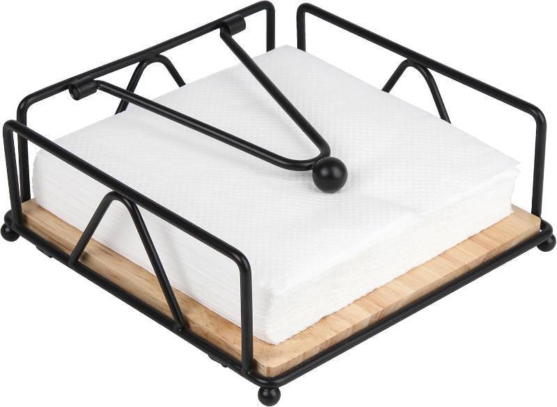 lot 50913 image: Napkin Holder for Table, Metal and Wood Napkin Holder, Weighted Napkin Holders for Paper Napkins, for Kitchen Counter, Dining Table (Black) - Retail $14