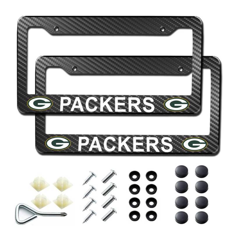 lot 58039 image: 2Pack Carbon Fiber License Plate Frames for Packers, Black Aluminum Front & Rear Car Tag Holder Cover, Heavy Duty License Plate Bracket Car Accessories