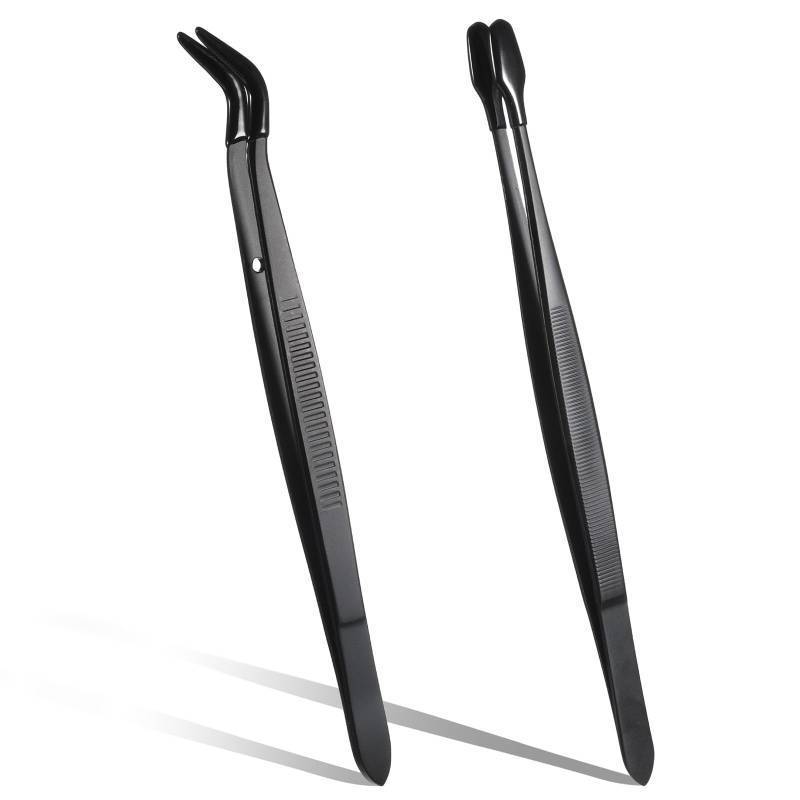 lot 58044 image: Rubber Tipped Tweezers, 2 Pcs Silicone Coated Long Bent and Straight Flat Tip Craft Tweezers Stainless Steel Precision Tweezer Set for Lab Electronic Industrial Stamps Coin Beads Jewelry (Black) - Retail $5