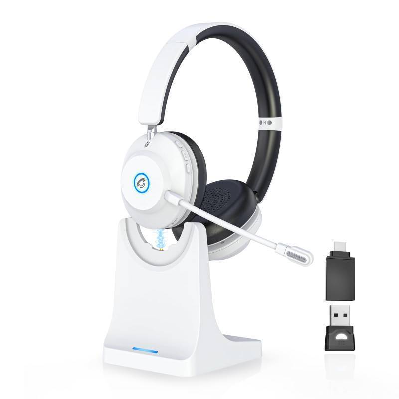 lot 58089 image: Earbay Bluetooth Headset, Wireless Headphones with Microphone ENC Noise Canceling & USB Dongle, V6.0 Wireless Bluetooth Headset with Mic Flip Mute Charge Dock for WorkLaptopPhoneMeetingCallCenter - Retail $70