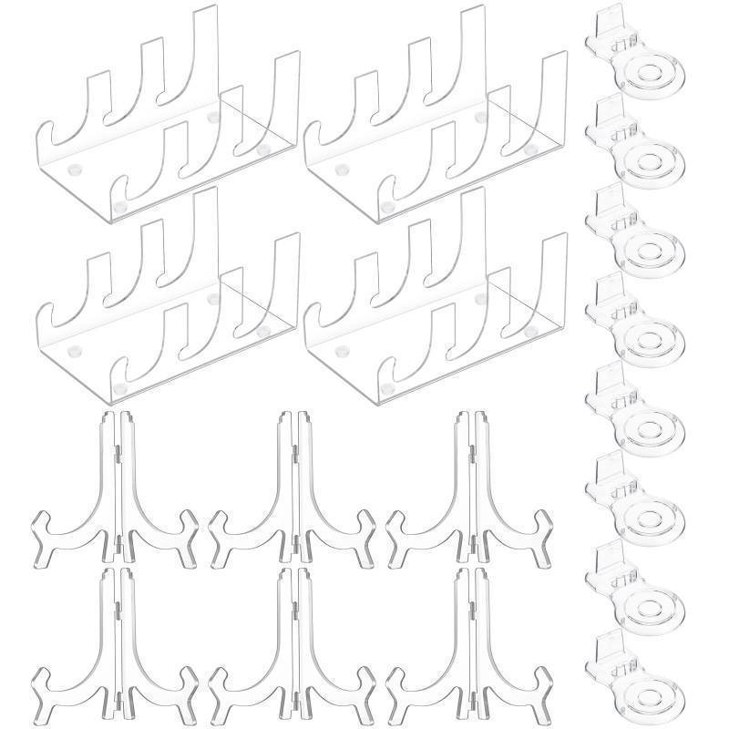 lot 59964 image: RattanView 18 Pcs Acrylic China Dinnerware Display Stand 6 Pcs 7 Inch Acrylic Easel Holder 8 Pcs Tea Cup Display Stand 4 Pcs 3 Tiers China Plate Holder for Dinner Utensils Tableware, Picture - Retail $42