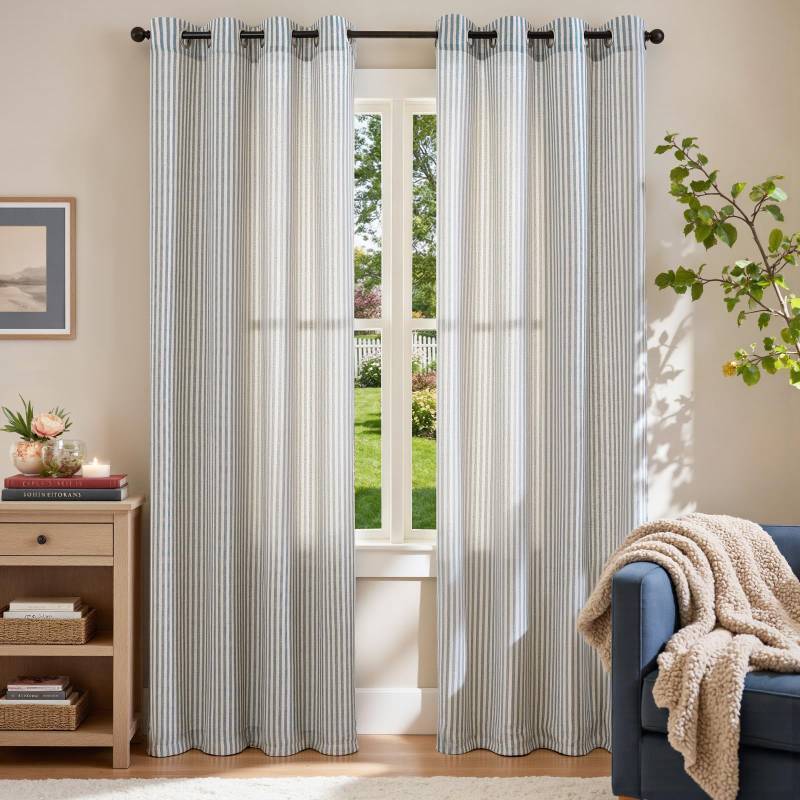 lot 59988 image: jinchan Linen Curtains for Living Room Blue on Beige Striped Curtains for Bedroom Ticking Stripe Pattern Light Filtering Cottage Core Farmhouse Rustic Grommet Window Treatment 90 inches Long 2 Panels - Retail $42