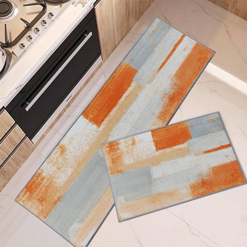 lot 59992 image: ArtSocket Kitchen Rugs and Mats Non Skid Washable Set of 2, Orange Grey Abstract Runner Rug, Painting Gray Vintage Retro Kitchen Floor Mat Under Sink Mat Throw Rug for Doormat Waterproof