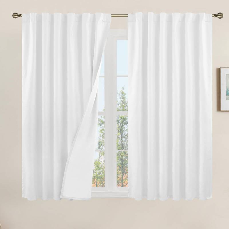 lot 61505 image: LAMIT Linen 100% Blackout Window Curtains for Bedroom, 45 Inches Linen Textured Thermal Farmhouse Curtains Back Tab and Rod Pocket Burlap Panels with White Liner, 2 Panels, 52 x 45 Inch, White - Retail $32