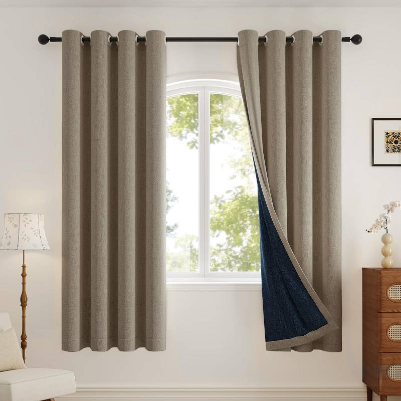 lot 61510 image: Rinwoc 100% Blackout Curtains 72 inch Length 2 Panels Set for Dining Room Master Room, Thick Soft Linen-Look Textured Full Light Blocking Room Darkening Thermal Insulated Drapes (W52xL72, Taupe) - Retail $37