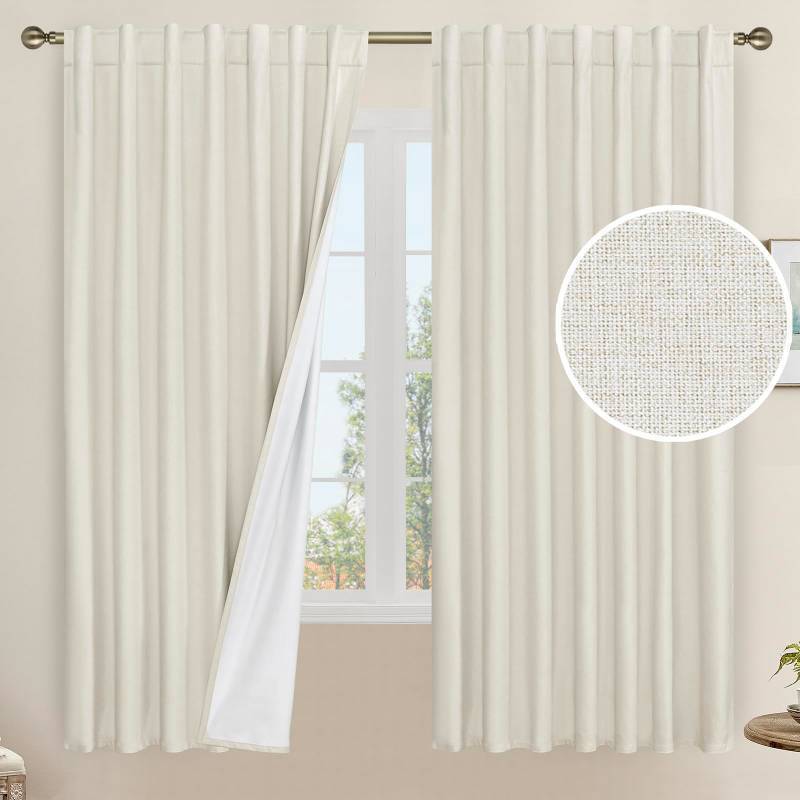 lot 61512 image: LAMIT Natural 100% Blackout Linen Curtains, 63 Inches Linen Textured Thermal Bedroom Curtains Back Tab and Rod Pocket Neutral Panels with White Liner for Farmhouse, 2 Panels, 60 x 63 Inch, Ivory - Retail $45
