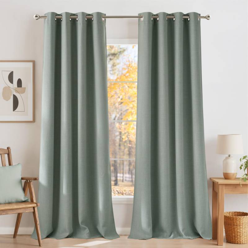 lot 61516 image: NICETOWN Faux Linen Sage Green Blackout Curtains 84 inches Long for Living Room - Privacy Panels for Bedroom, Modern Farmhouse Style Easy Care Grommet Top, 2 Panels, W52 by L84 - Retail $39
