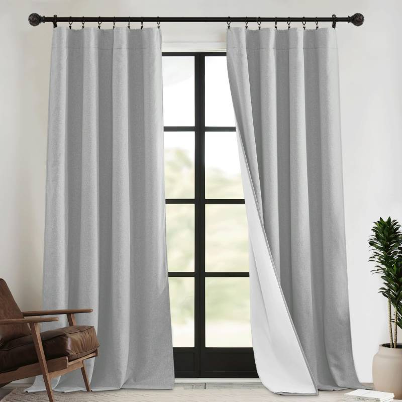 lot 61502 image: RYB HOME 4 in 1 Set Dust Filter - Soundproof - Blackout - Insulating, Energy Efficiency Linen Curtains for Kids Bedroom Living Room Divider Apartment Hotel Office Theatre, Grey, W 52 x L 84, 2 Pcs - Retail $99