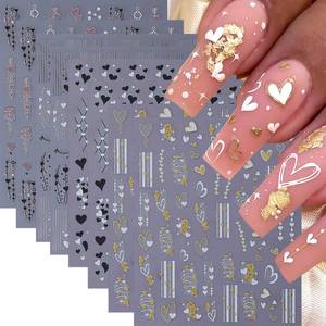lot 29279 image: 8 Sheets Heart Nail Stickers for Nail Art Valentines Day Nail Decals Black White Gold Silver Rose Gold Hearts Nail Stickers 3D Self-Adhesive Rose Flower Sticker Nails Designs Nails Supplies for Women - Retail $6
