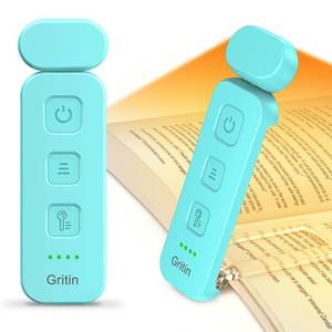 lot 29296 image: Gritin Reading Light, Rechargeable Book Light for Reading in Bed - Eye Caring 3 Color Temperatures, 5-Level Dimmable Brightness, Long Lasting, Compact Size Clip on Book Lamp for Bookworms-Blue - Retail $9