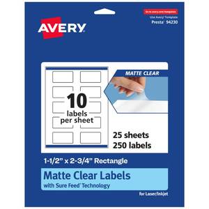 lot 32011 image: Avery Matte Clear Rectangle Labels, Sure Feed Technology, 1.5 x 2.75Matte Clear Labels, Print-to-The-Edge, LaserInkjet Printable - Retail $18
