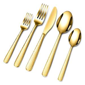 lot 32021 image: Hammered Silverware Set,  Flatware Set Mirror Polished Cutlery Utensil Set Include Fork Knife Spoon Set Dishwasher Safe, Premium Stainless Steel Gold- - Retail $33