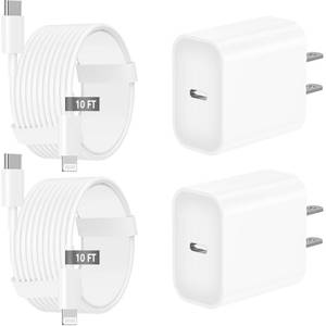 lot 41595 image: Fast iPhone Charger 10FT, MFi Certified Extra Long Charge Fast Charging 2Pack 20W USB C Wall Charger Block Plug 10FT Lightning Cable Cord Compatible for iPhone 1414 Pro14 Pro Max131211XSXRX - Retail $10