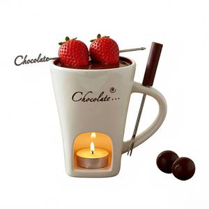 lot 43631 image: HOMEFISH Mini Fondue Set - Ceramic Chocolate Fondue Mug with Forks, 130ml Melting Cup for Chocolate & Cheese - Perfect Gift Set for Date Night, Valentines Day & Romantic Occasions White - Retail $16