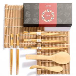 lot 43636 image: Delamu Sushi Making Kit, Bamboo Sushi Mat, Including 2 Sushi Rolling Mats, 5 Pairs of Chopsticks, 1 Paddle, 1 Spreader, 1 Beginner Guide PDF, Beginner Sushi Kit, Sushi Plates - Retail $10