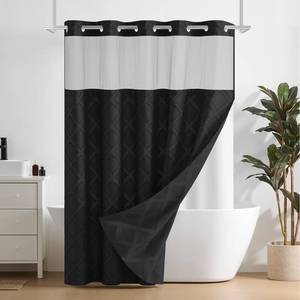lot 43638 image: Downluxe No Hook Shower Curtain with Snap in Liner,Black Waffle Fabric Shower Curtain Set for Bathroom,Hotel Style Double-Layer Waterproofing Curtains 71W x 80L - Retail $35