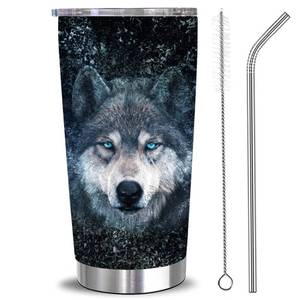 lot 43641 image: RNFENQS Funny Wolf Lovers Gifts Travel Tumbler Cup 20 OZ, Stainless Steel Insulated Vacuum Wolf Coffee Mug With Lid and Straw for Men Women