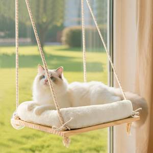 lot 43650 image: Anywish Cat Window Perch, Rustic Cat Hammock Bed with Solid Wood Seat 4 Heavy Duty Suction Cups, Plush Cushion, Indoor Pet Window Hammock for Cats for Large Cats - Retail $27