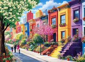 lot 43653 image: Spring 500 Pieces Puzzles for Adults, Vibrant and Warm Urban Neighborhood Jigsaw Puzzles, Cityscape Cherry Blossom Puzzles, Colorful as Home Wall Decor, Ideal Creative Present - Retail $23