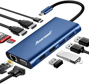 lot 43654 image: Hiearcool USB C Docking Station Dual Monitor, 11 in 1 Triple Display USB C Laptop Docking Station with 2 HDMI VGA, Type C Dongle Dock Compatible for Thunderbolt 3 4 Laptops - Retail $80